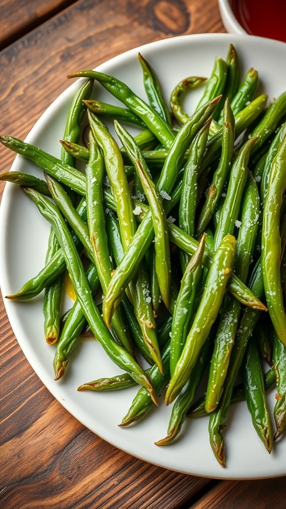 Crispy Air Fryer Green Beans Recipe Crispy air fryer green beans on a plate, garnished with garlic powder, on a wooden table.